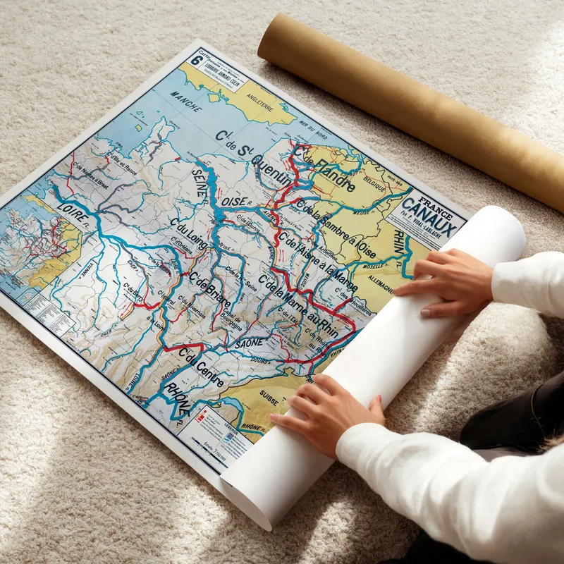 Carte Vidal-Lablache n° 6, France, canaux sur poster papier, livrée roulée en tube carton