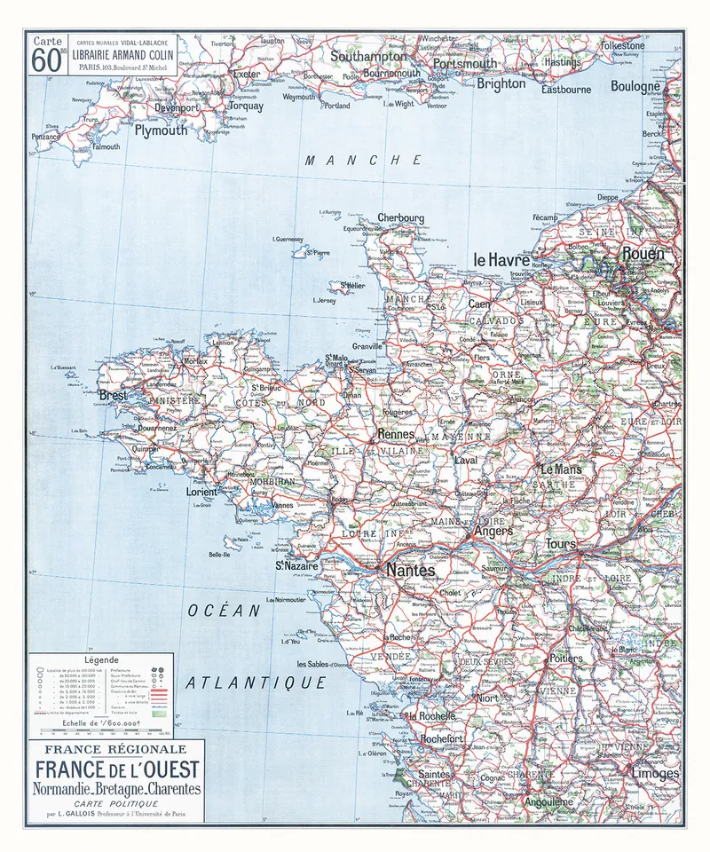 Carte Vidal-Lablache n° 60 bis, France de l’Ouest, politique : reproduction de l’ancienne carte murale d’école