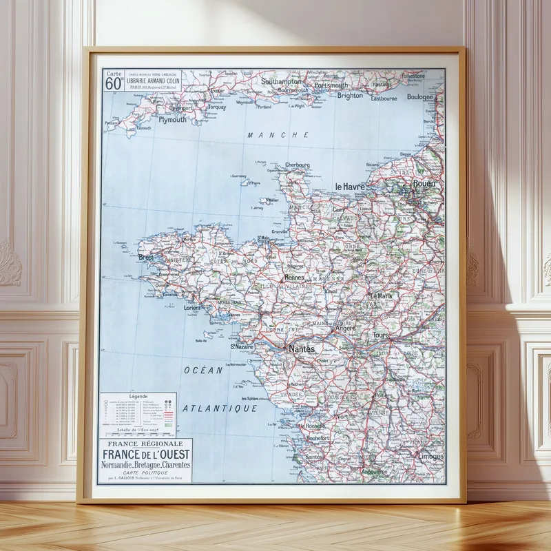 Carte Vidal-Lablache n° 60 bis, France de l’Ouest, politique accrochée dans un intérieur, en situation