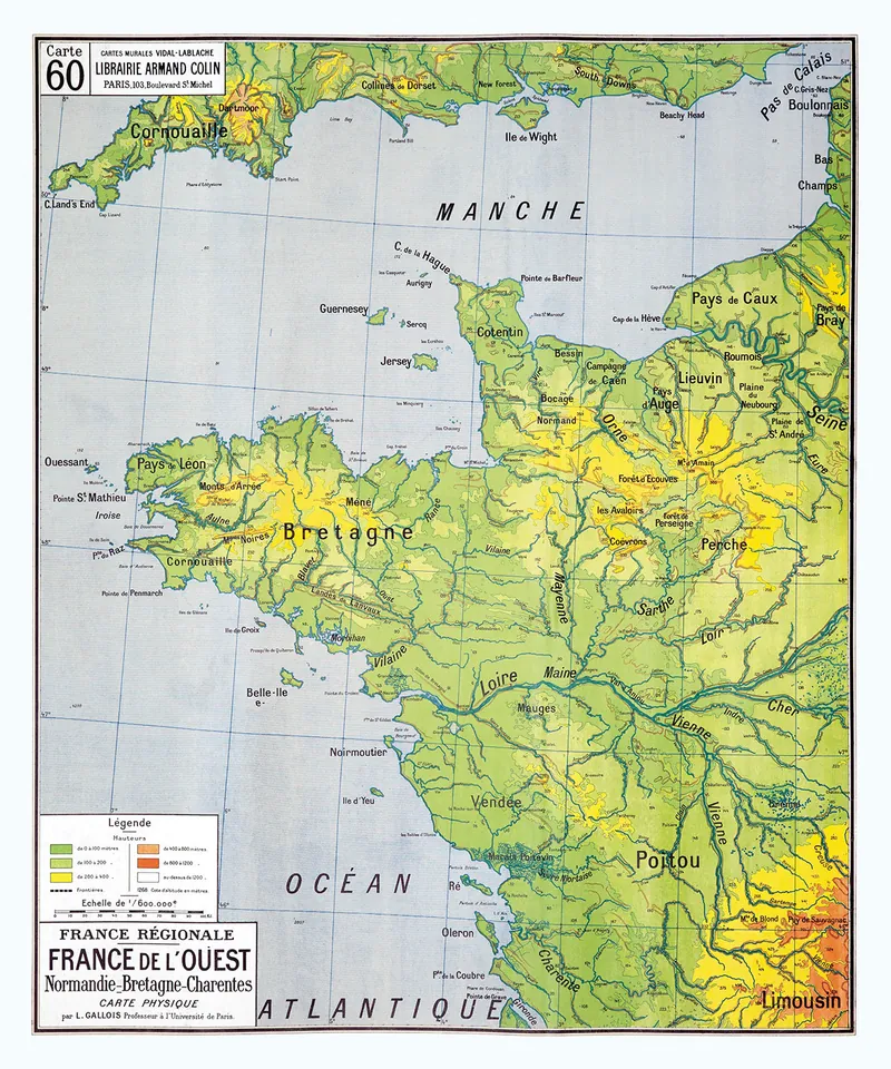 Carte Vidal-Lablache n° 60, France de l’Ouest, physique : reproduction de l’ancienne carte murale d’école