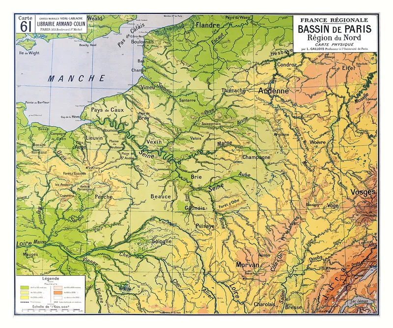 Carte Vidal-Lablache n° 61, Bassin de Paris, physique : reproduction de l’ancienne carte murale d’école