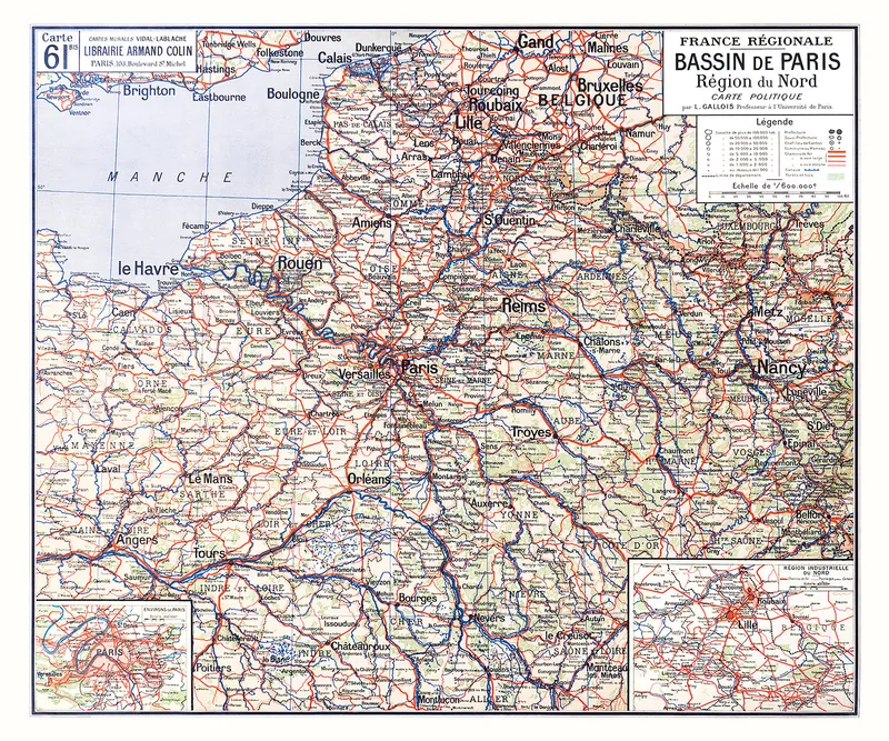 Carte Vidal-Lablache n° 61 bis, Bassin de Paris, politique : reproduction de l’ancienne carte murale d’école