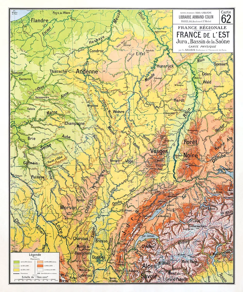 Carte Vidal-Lablache n° 62, France de l’Est, physique : reproduction de l’ancienne carte murale d’école