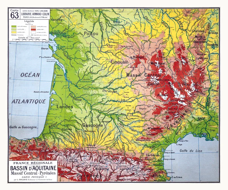 Carte Vidal-Lablache n° 63, Bassin d’Aquitaine, physique : reproduction de l’ancienne carte murale d’école