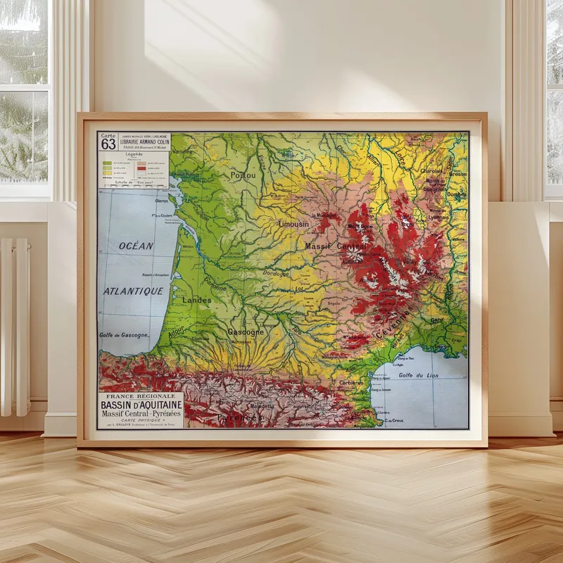 Carte Vidal-Lablache n° 63, Bassin d’Aquitaine, physique accrochée dans un intérieur, en situation