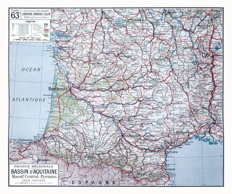 Carte Vidal-Lablache n° 63 bis, Bassin d’Aquitaine, politique : reproduction de l’ancienne carte murale d’école