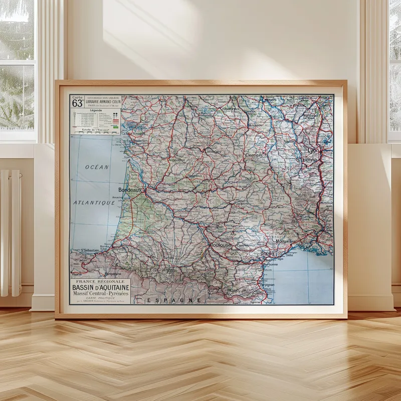 Carte Vidal-Lablache n° 63 bis, Bassin d’Aquitaine, politique accrochée dans un intérieur, en situation