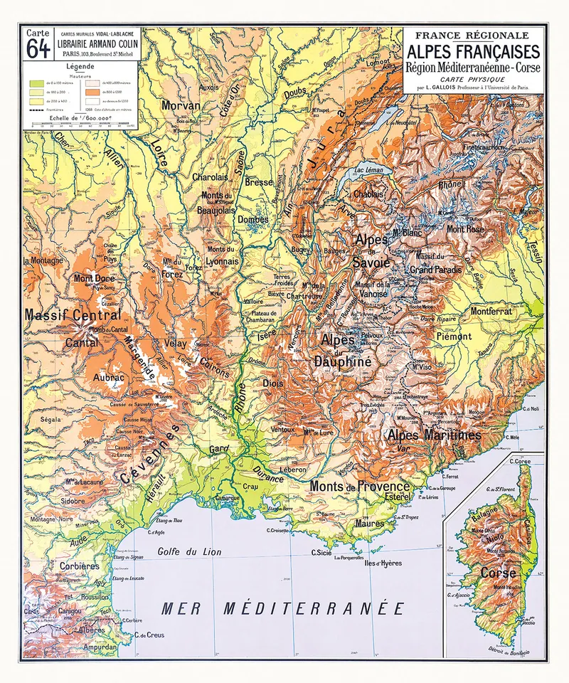 Carte Vidal-Lablache n° 64, Alpes françaises, physique : reproduction de l’ancienne carte murale d’école