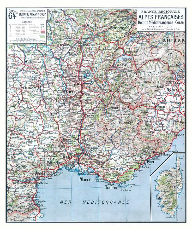 Carte Vidal-Lablache n° 64 bis, Alpes françaises, politique : reproduction de l’ancienne carte murale d’école