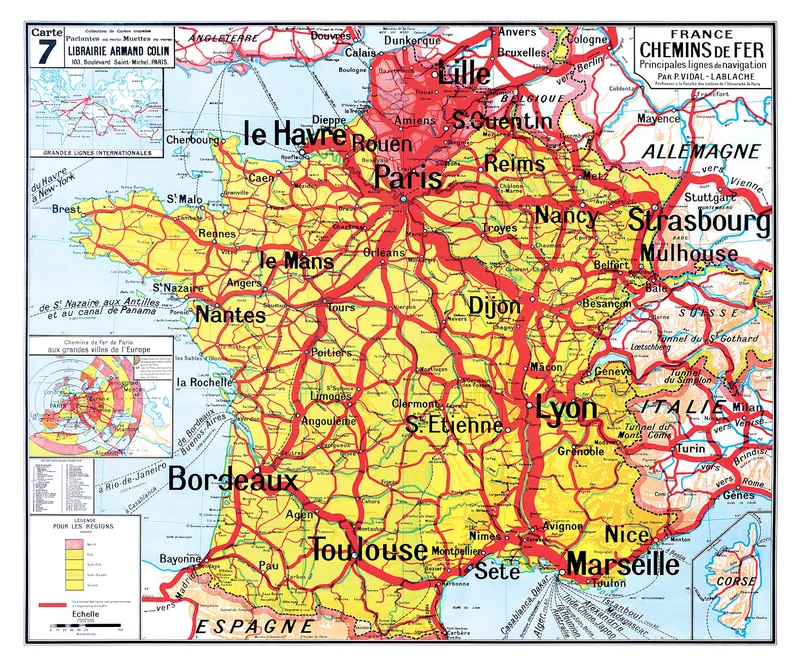 Carte Vidal-Lablache n° 7, France, chemins de fer : reproduction de l’ancienne carte murale d’école