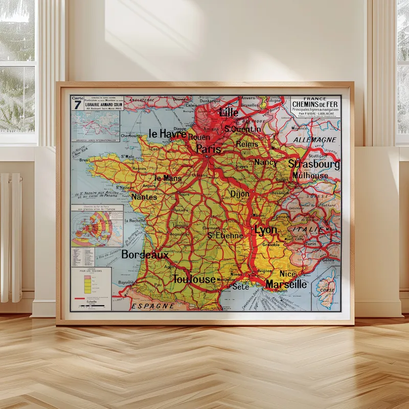 Carte Vidal-Lablache n° 7, France, chemins de fer accrochée dans un intérieur, en situation