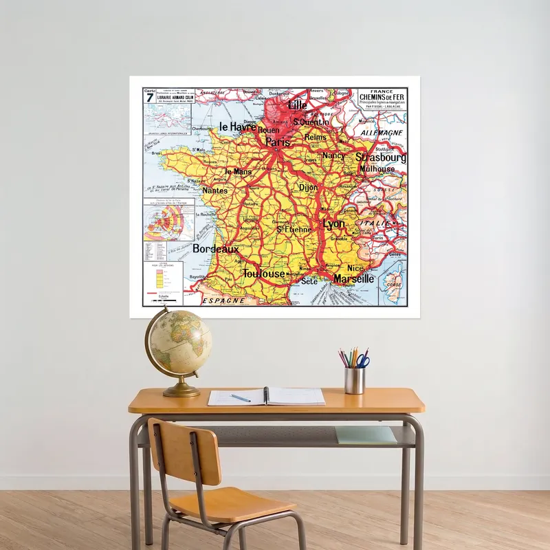 Carte Vidal-Lablache n° 7, France, chemins de fer sur panneau rigide PVC ou alu dibond