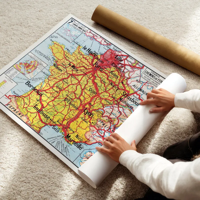 Carte Vidal-Lablache n° 7, France, chemins de fer sur poster papier, livrée roulée en tube carton