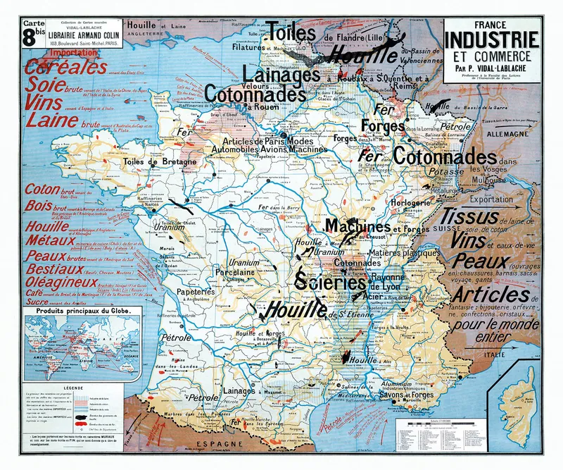 Carte Vidal-Lablache n° 8 bis, France, industrie et commerce : reproduction de l’ancienne carte murale d’école