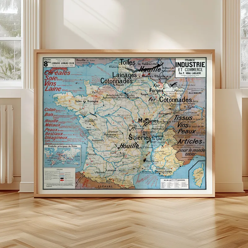 Carte Vidal-Lablache n° 8 bis, France, industrie et commerce accrochée dans un intérieur, en situation