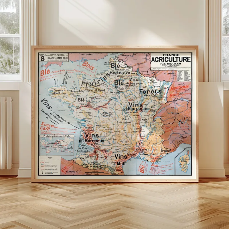 Carte Vidal-Lablache n° 8, France, agriculture accrochée dans un intérieur, en situation