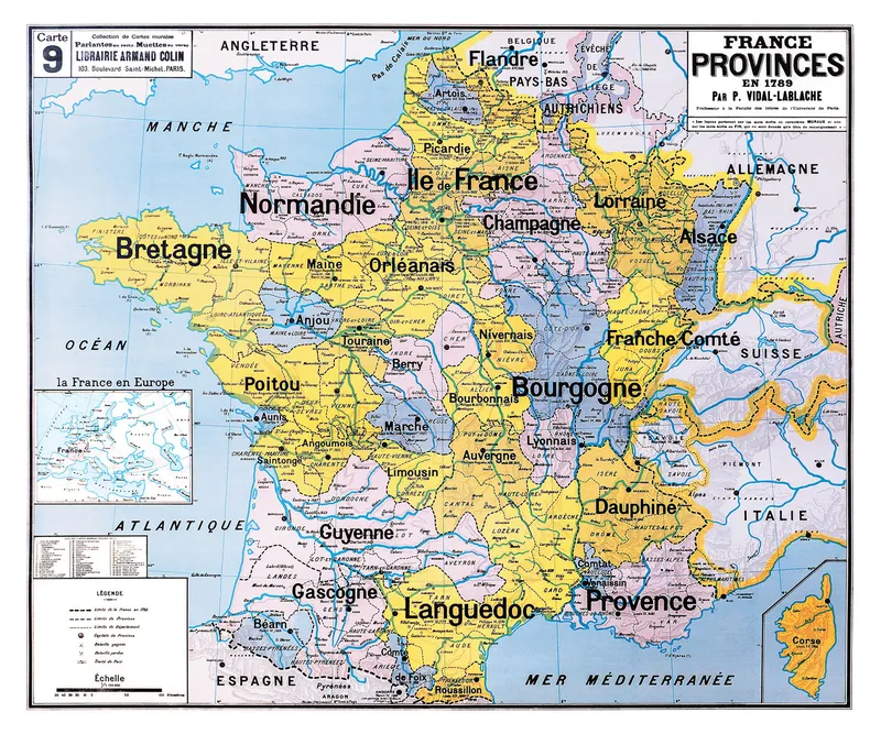 Carte Vidal-Lablache n° 9, France, provinces en 1789 : reproduction de l’ancienne carte murale d’école