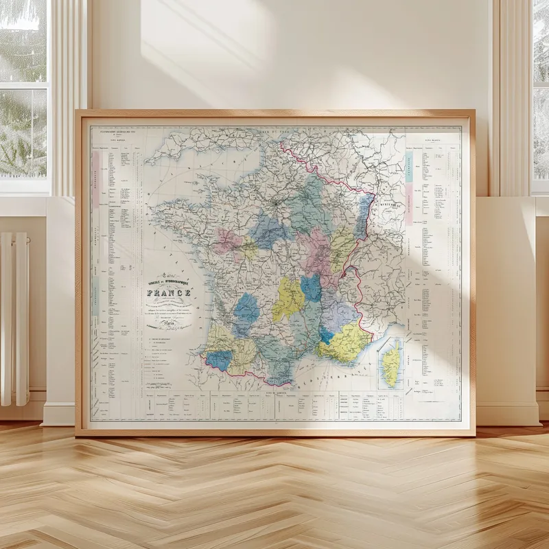 Carte vinicole et hydrographique de la France accrochée dans un intérieur, en situation
