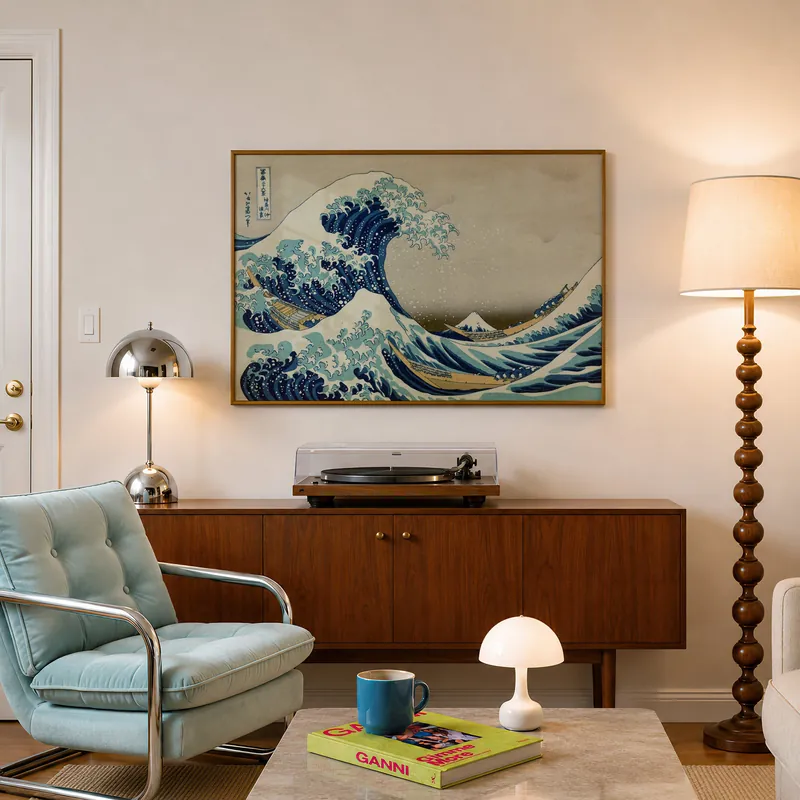 La Grande Vague de Kanagawa, Hokusai accrochée dans un intérieur, en situation
