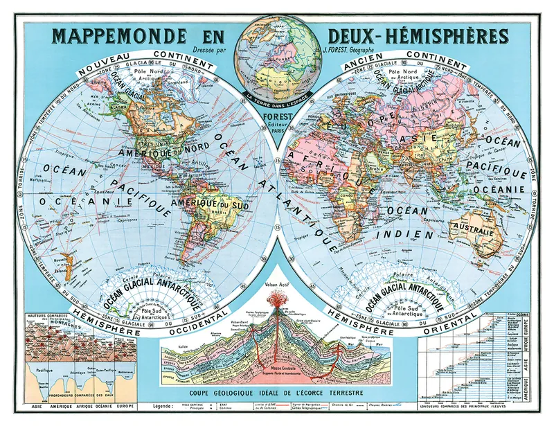 Mappemonde en deux hémisphères, Joseph Forest : reproduction de l’ancienne carte murale d’école