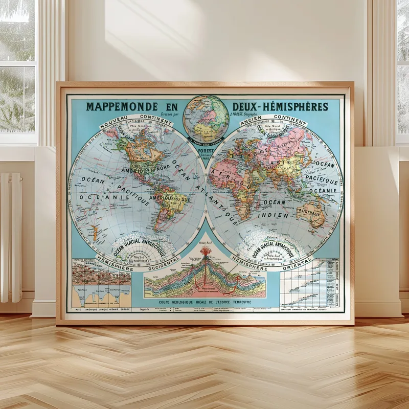 Mappemonde en deux hémisphères, Joseph Forest accrochée dans un intérieur, en situation