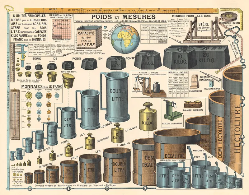 Tableau des poids et mesures, 1903 : reproduction de l’ancienne carte murale d’école