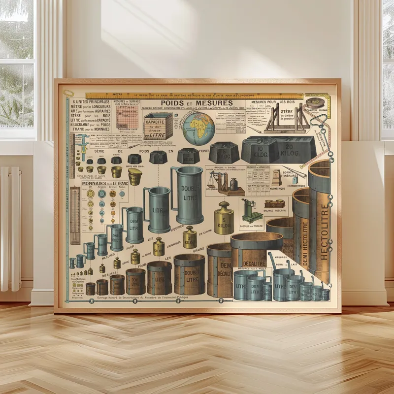 Tableau des poids et mesures, 1903 accrochée dans un intérieur, en situation